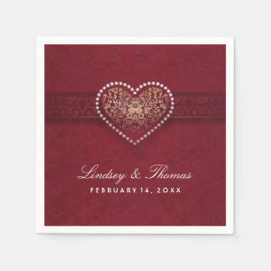 Maroon Red Gold & White Floral Heart Wedding Serviette