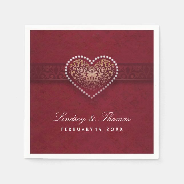 Maroon Red Gold & White Floral Heart Wedding Serviette (Vorderseite)