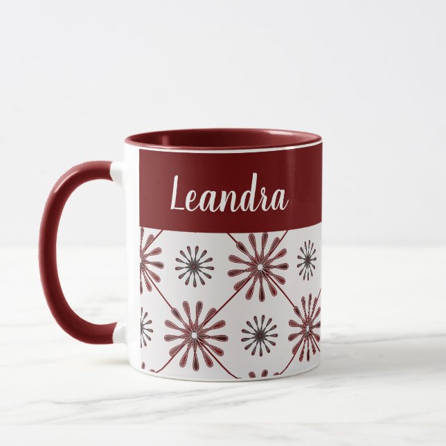 Maroon Red Retro Spiro Geometrisches Muster Tasse (Links)