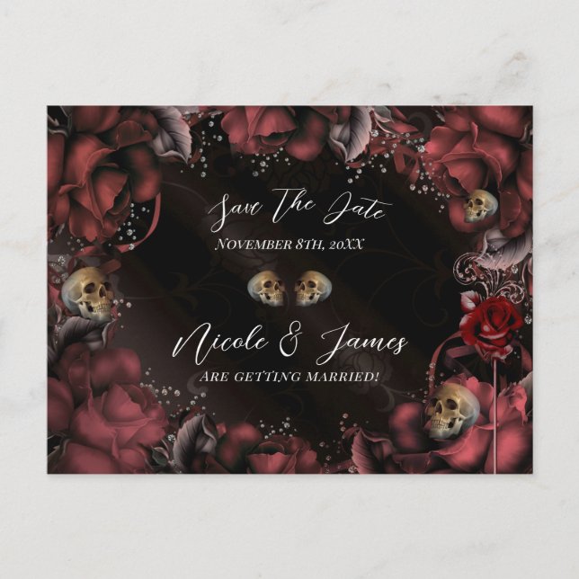 Maroon Red Rust Rose Skulls Gothic Save the Date Ankündigungspostkarte (Vorderseite)