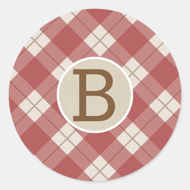 Maroon Red Rustic Country Kariert Kraft Monogram Runder Aufkleber (Vorderseite)