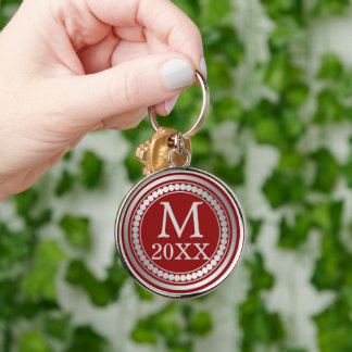 Maroon Red Silver Frame Monogram Schlüsselanhänger