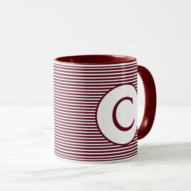 Maroon Red Stripe Monogram Tasse (VorderseiteRechts)