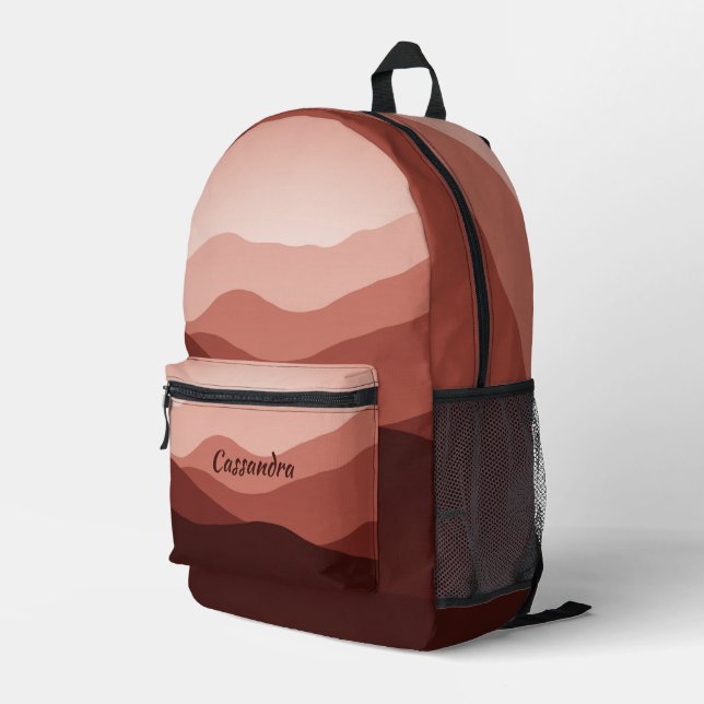 Maroon Red Terracotta Peach Orange Waves Muster Bedruckter Rucksack (Rückseitige Ecke Rechts)