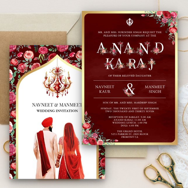 Maroon Red Typography Anand Karaj Sikh Wedding Einladung (Von Creator hochgeladen)