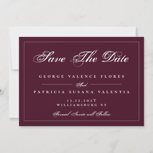 Maroon Red White Classic Traditionelles Elegantes  Save The Date (Vorderseite)