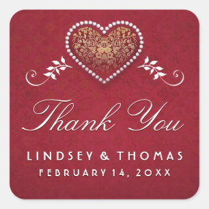 Maroon Red & White Floral Heart Wedding Vielen Dan Quadratischer Aufkleber