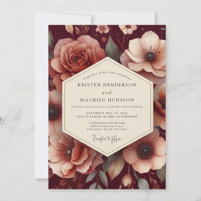 Maroon Renaissance Bloom Hochzeit Einladung (Vorderseite)
