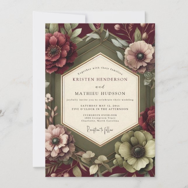 Maroon Renaissance Bloom Wedding Einladung (Vorderseite)