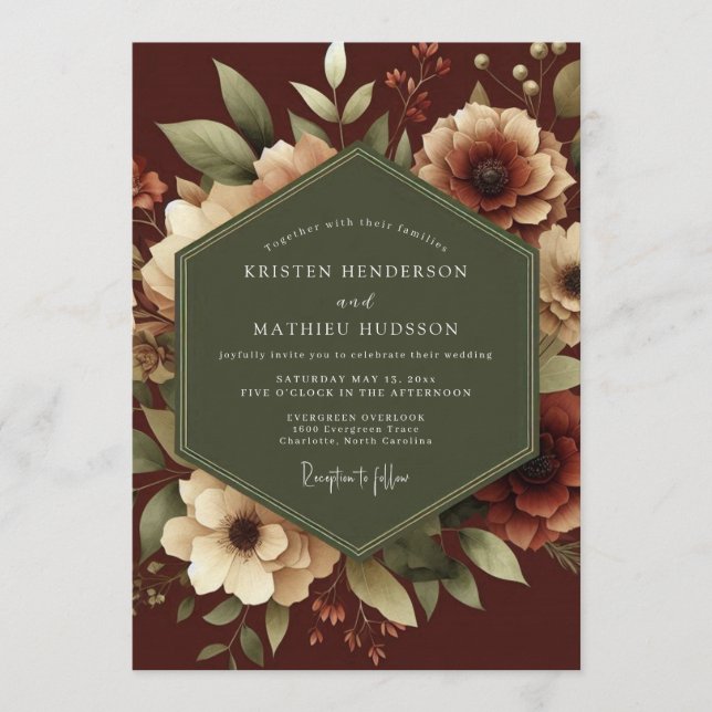 Maroon Romantic Botanical Wedding Einladung (Vorderseite)