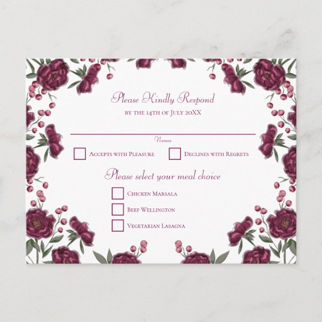 Maroon Rose Wedding RSVP Feiertagspostkarte (Vorderseite)
