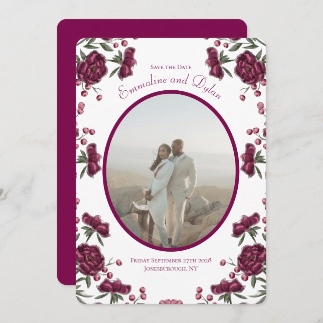 Maroon Rose Wedding Save the Date Einladung (Vorne/Hinten)