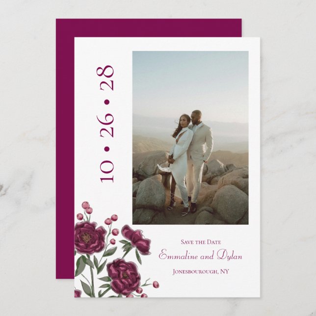 Maroon Rose Wedding Save the Date Einladung (Vorne/Hinten)