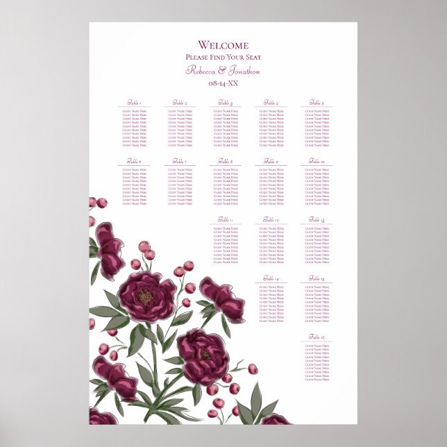 Maroon Rose Wedding Seating Chart Poster (Vorne)