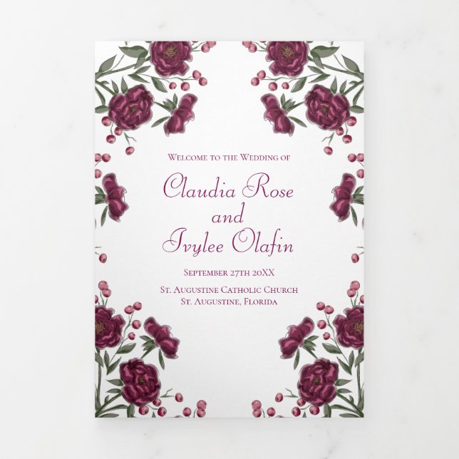 Maroon-Rosen-Hochzeitsprogramme Dreifach-gefaltete Programmkarte (Cover)