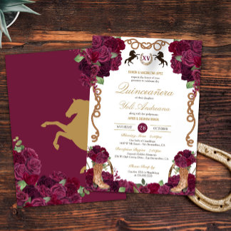 Maroon Rote Rose Floral Western Charra Quinceanera Einladung