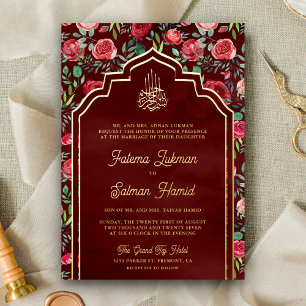 Maroon Rote Rosen Blumenmuslime Hochzeit Gold Folieneinladung