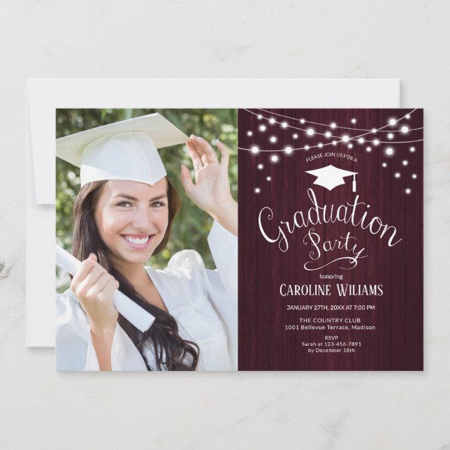 Maroon Rustic Graduation Party mit Foto Einladung (Vorderseite)