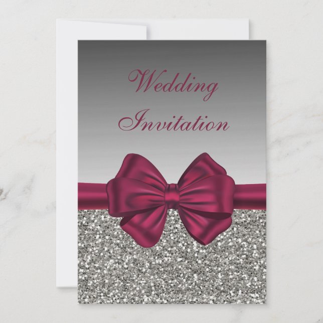 Maroon Satin Bow & Silver - Hochzeit Einladung (Vorderseite)