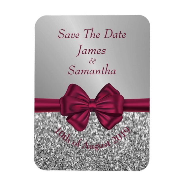 Maroon Satin Bow & Silver - Save the Date Magnet (Vertikal)