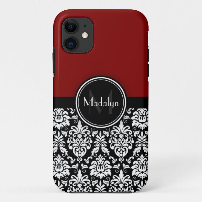 Maroon Schwarz-weiß Damask Monogram Letter Case-Mate iPhone Hülle (Rückseite)
