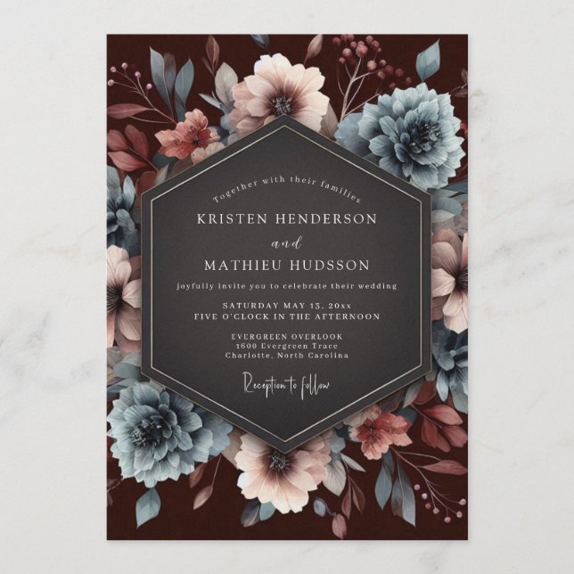 Maroon Slate Baroque Bloom Wedding Einladung (Vorderseite)