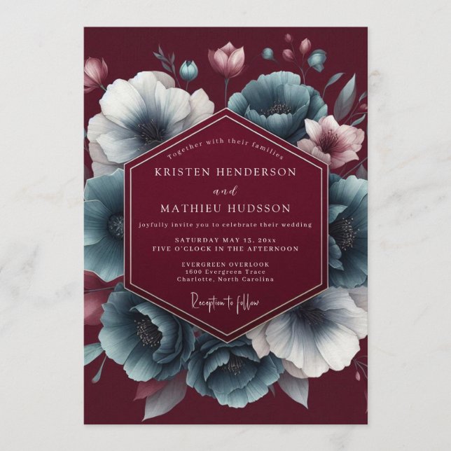 Maroon Teal Chiaroscuro Wedding Einladung (Vorderseite)