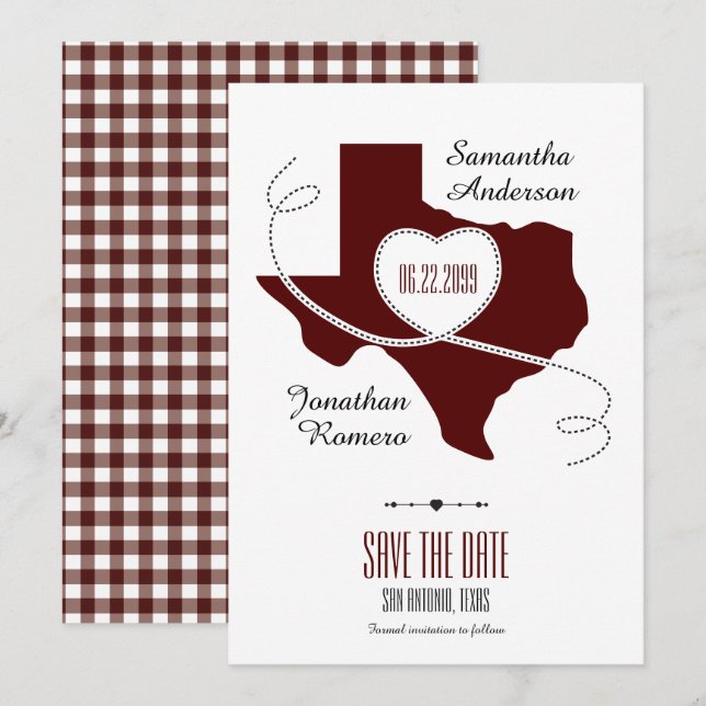 Maroon Texas Curling Ribbon Save the Date (Vorne/Hinten)