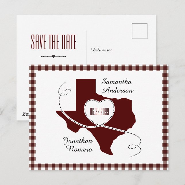 Maroon Texas Curling Ribbon Save the Date Postkarte (Vorne/Hinten)