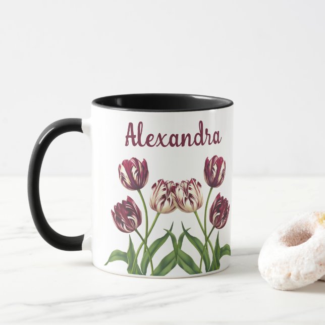Maroon Tulips mit Name Tasse (Mit Donut)
