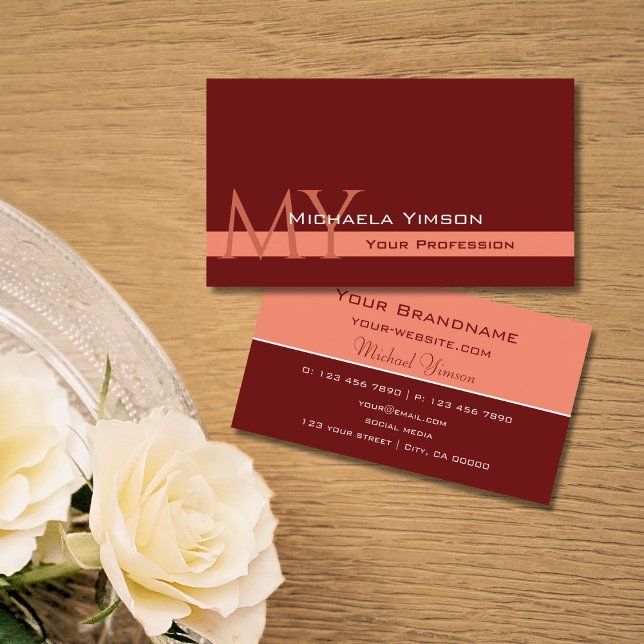 Maroon und Coral mit Monogram Beruflich Simple Visitenkarte (Von Creator hochgeladen)