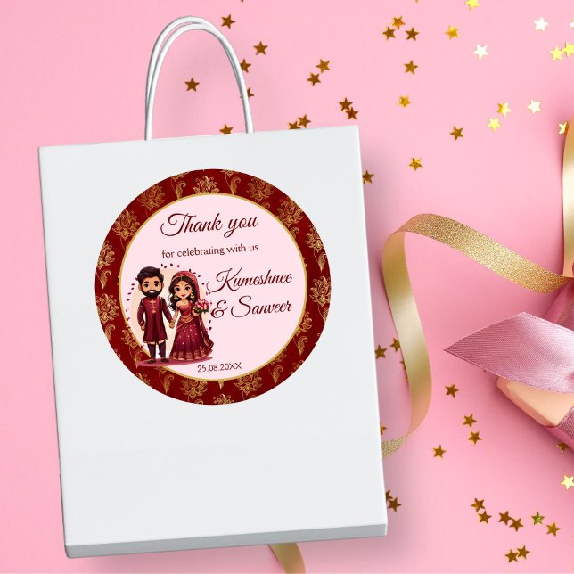 Maroon und das niedliche indische Brautpaar bevorz Runder Aufkleber (Maroon and gold cute Indian bridal couple cartoon thank you favor Sticker Hindu wedding favors)