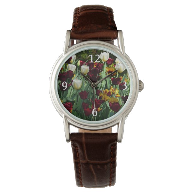Maroon und Gelbe Tulips farbenfrohe Blumen Armbanduhr (Vorderseite)