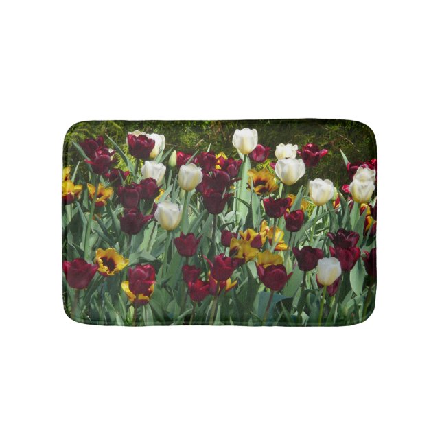 Maroon und Gelbe Tulips farbenfrohe Blumen Badematte (Vorderseite)