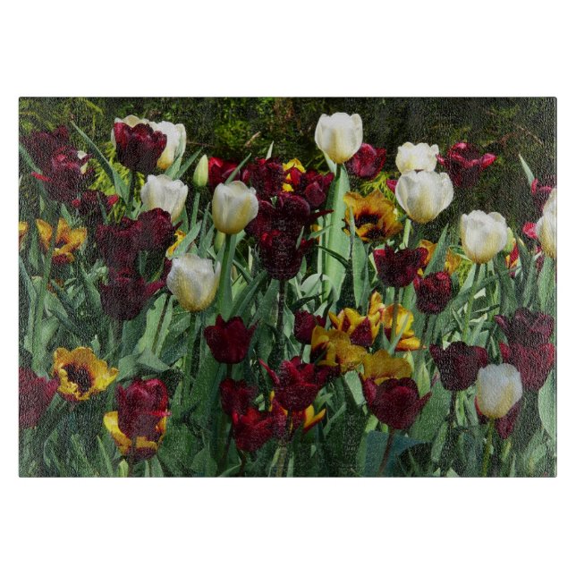 Maroon und Gelbe Tulips farbenfrohe Blumen Schneidebrett (Vorderseite)