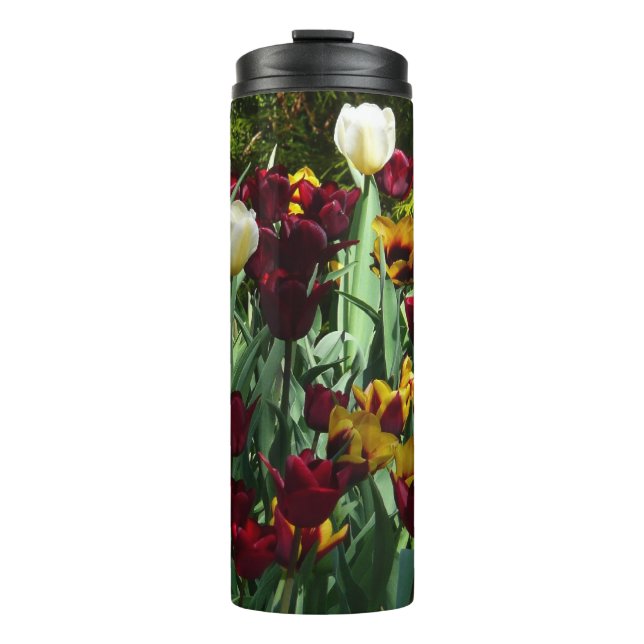 Maroon und Gelbe Tulips farbenfrohe Blumen Thermosbecher (Vorderseite)