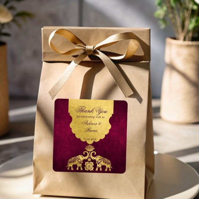 Maroon und Gold Elefanten indische Hochzeit danke Quadratischer Aufkleber (Maroon and gold elephants Indian wedding thank you Square Sticker)