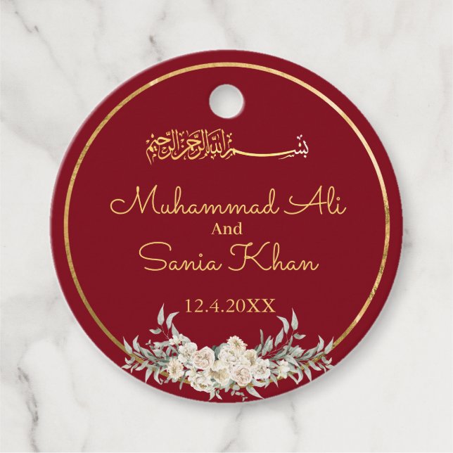 Maroon und Gold Floral Islamische Hochzeit Geschenkanhänger (Vorderseite)