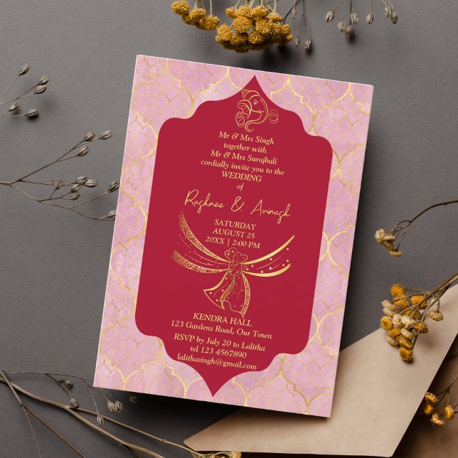 Maroon und Gold Hindu Hochzeitsknoten Ganesha Einladung (Von Creator hochgeladen)