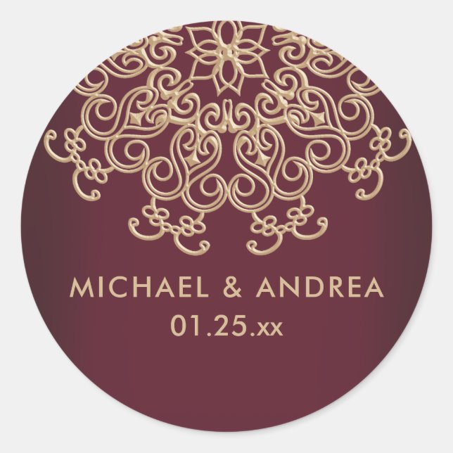 MAROON UND GOLD INDISCHES INSPIRIERTES ETIKETT RUNDER AUFKLEBER (Vorderseite)