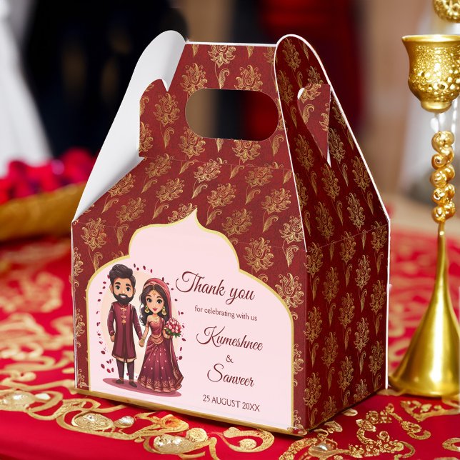 Maroon und Gold niedliche indische Brautpaare Cart Geschenkschachtel (Maroon and gold Indian wedding favors cute bridal couple cartoon personalized printed Favor Boxes)