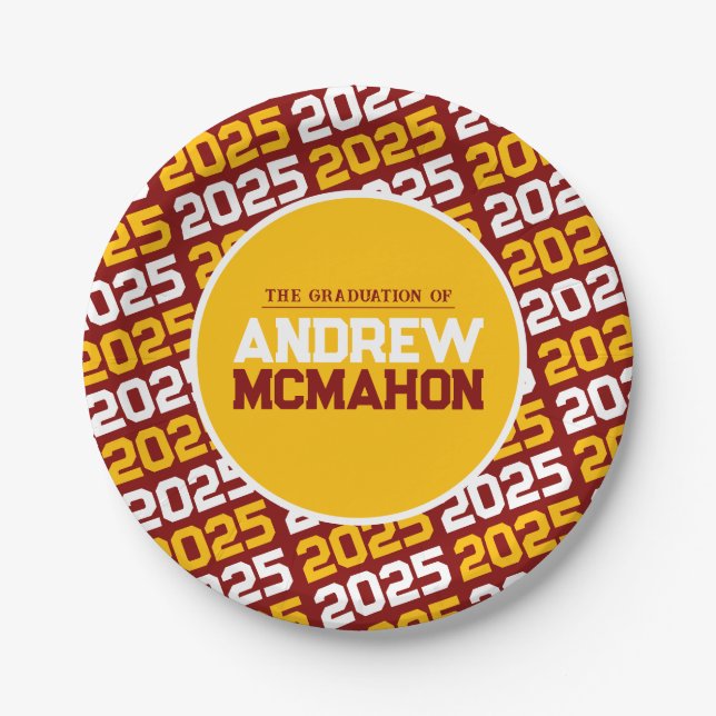 Maroon und Gold Personalisierter Abschluss Pappteller (Vorderseite)