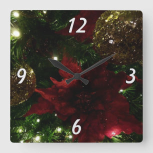 Maroon und Gold Weihnachtsbaum I Holiday Foto Quadratische Wanduhr