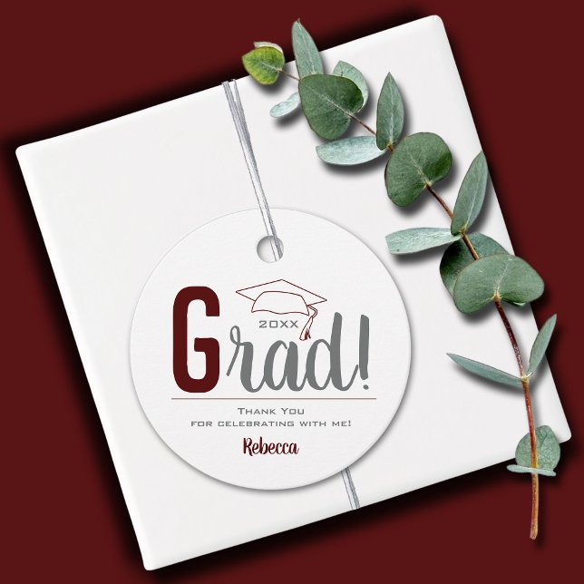 Maroon und Gray Graduation Cap Geschenkanhänger (2" round personalized graduation favor gift tags in gray and maroon grad cap )