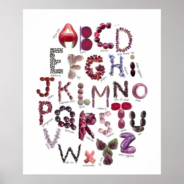 Maroon und Lila Alphabet | Obst und Gemüse Poster (Vorne)