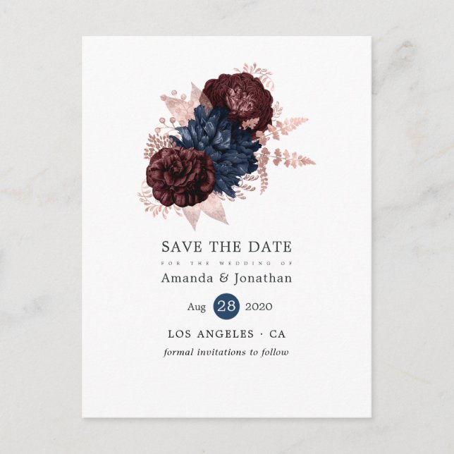 Maroon und Rose Gold Floral Save the Date Ankündigungspostkarte (Vorderseite)