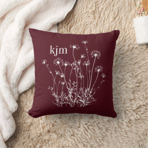 Maroon- und Weiß-Wildblumen-Monogramm Kissen