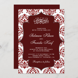 Maroon und White Damask Islamische Hochzeit Einladung