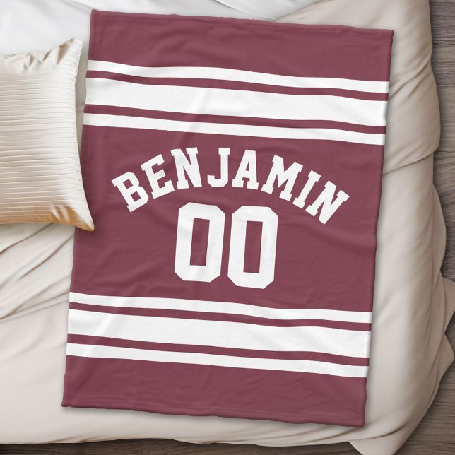 Maroon und White Jersey Stripes Individuelle Name Fleecedecke (Personalized fleece blanket - Sports Theme)