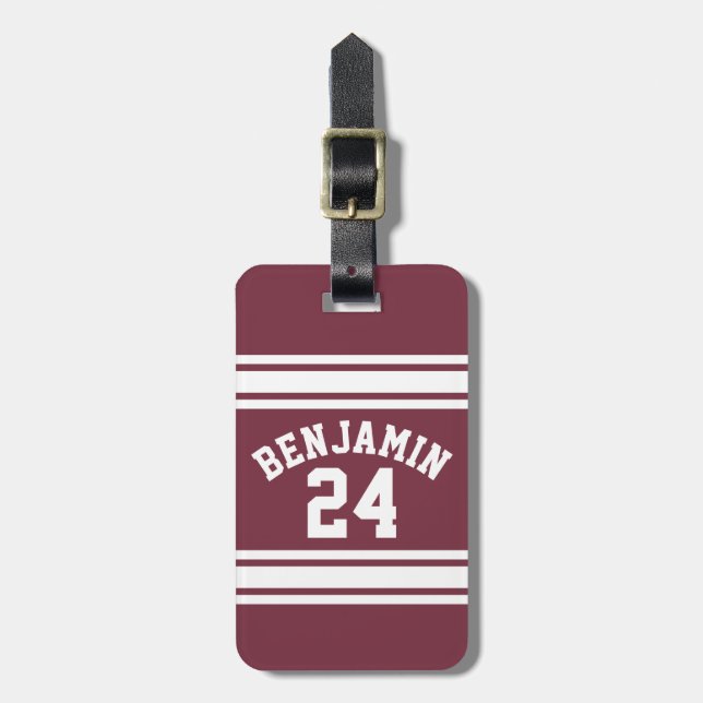 Maroon und White Jersey Stripes Individuelle Name Gepäckanhänger (Vorderseite vertikal)